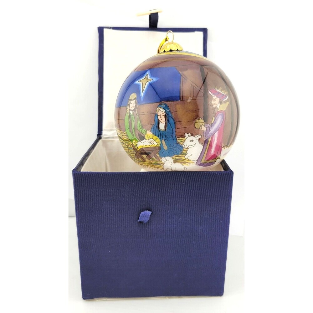 1998 Reverse Hand Painted Jesus Manger Joseph Mary Nativity Christmas Ornament